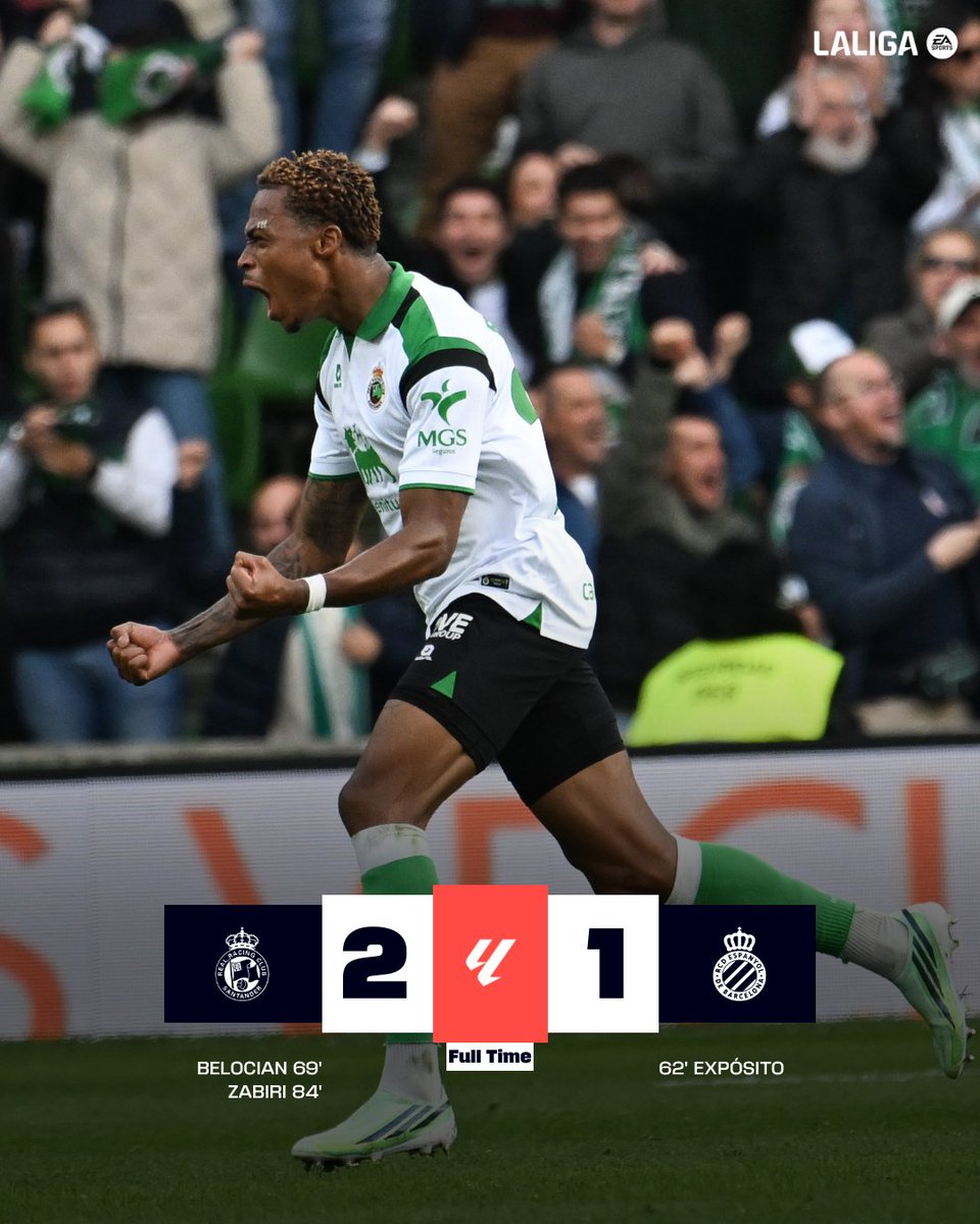 FCOneFootball's tweet photo. 🔚 FULLTIME
🟢 Racing Santander 2-1 RCD Espanyol 🔵
▪️ Jeanuël Belocian and Yassir Zabiri turn the game around completely in the second half for Racing Santander to overcome Eduardo Expósito's opener for Espanyol.
#LaLiga #RacingEspanyol #RACESP https://t.co/GAJ7K2Qrdy