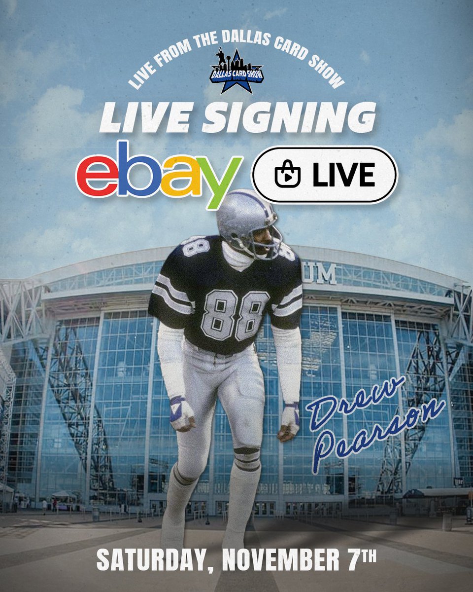 DallasCardShow's tweet photo. 🔥 LIVE FROM THE DALLAS CARD SHOW! 🔥

Don't miss eBay Live on Saturday, November 7th, featuring Dallas Cowboys legend and Pro Football Hall of Famer Drew Pearson! 🏈⭐

We'll be going live on the dallascardshow account! Tune in for an exclusive autograph signing, exciting drops, and can't-miss action straight from the show floor!

📍 Marriott Dallas Allen Hotel & Convention Center