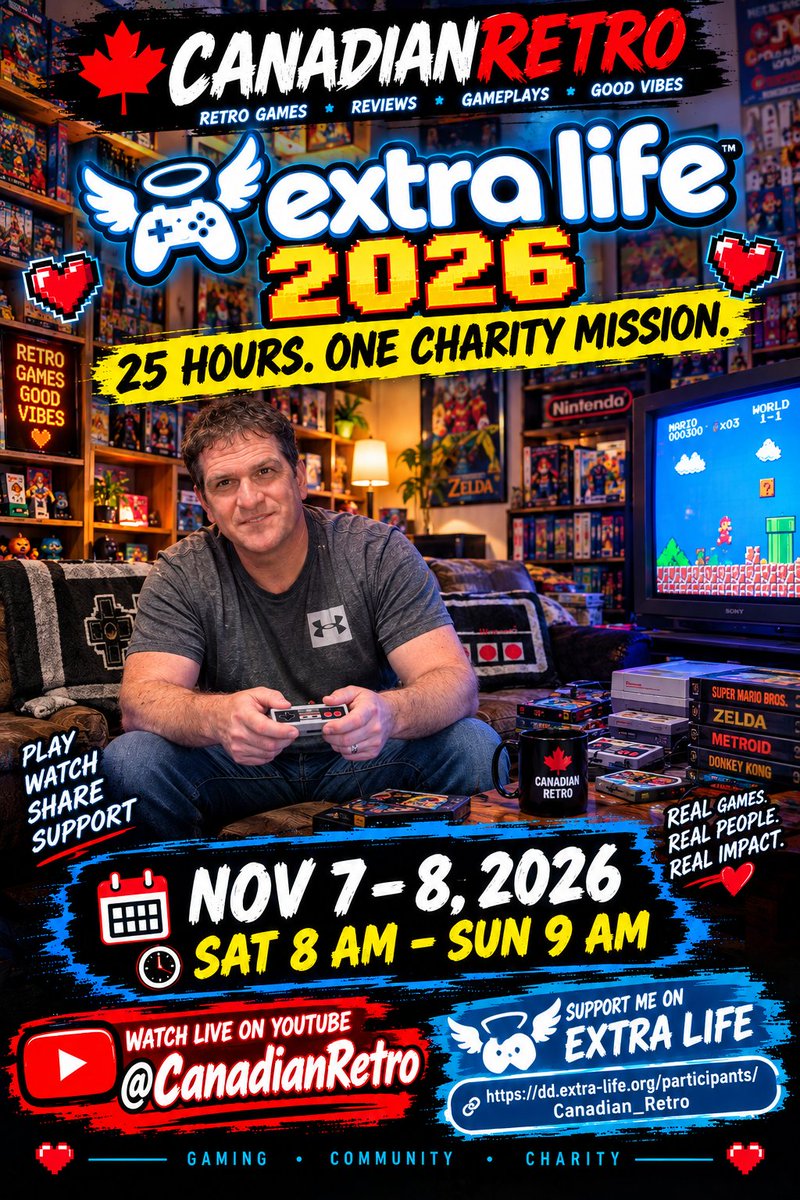 Canadian_Retro's tweet photo. 🎮 25 HOURS. ONE CHARITY MISSION! ❤️
Extra Life 2026! Classic gaming for a great cause.
📅 Nov 7 at 8 AM – Nov 8 at 9 AM ET
📺 Live: https://t.co/F7aLlAGDPE
❤️ Donate: https://t.co/Jt4WGaalTo
Share this, Great Cause!
#ExtraLife #CanadianRetro #RetroGaming #GamingForGood #Shorts https://t.co/vlfgXHBaMa