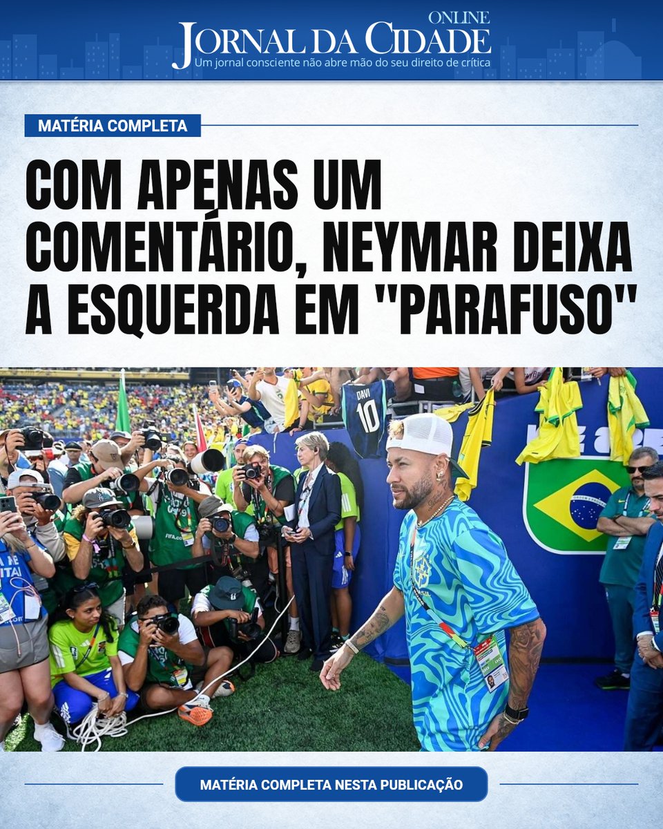 JornalDaCidadeO's tweet photo. Com apenas um comentário, Neymar deixa a esquerda em "parafuso"

O atacante Neymar, camisa 10 do Santos, respondeu a um vídeo de MC Cabelinho contra Flávio Bolsonaro (PL) com um comentário curto, mas fulminante:

“Dito isso… 22”.

O número é o de Flávio na urna. O jogador completou a mensagem com um emoji de risada e a bandeira do Brasil.

A esquerda ficou em "parafuso", pois o alcance do craque é algo que realmente impressiona.

Matéria do Jornal da Cidade Online