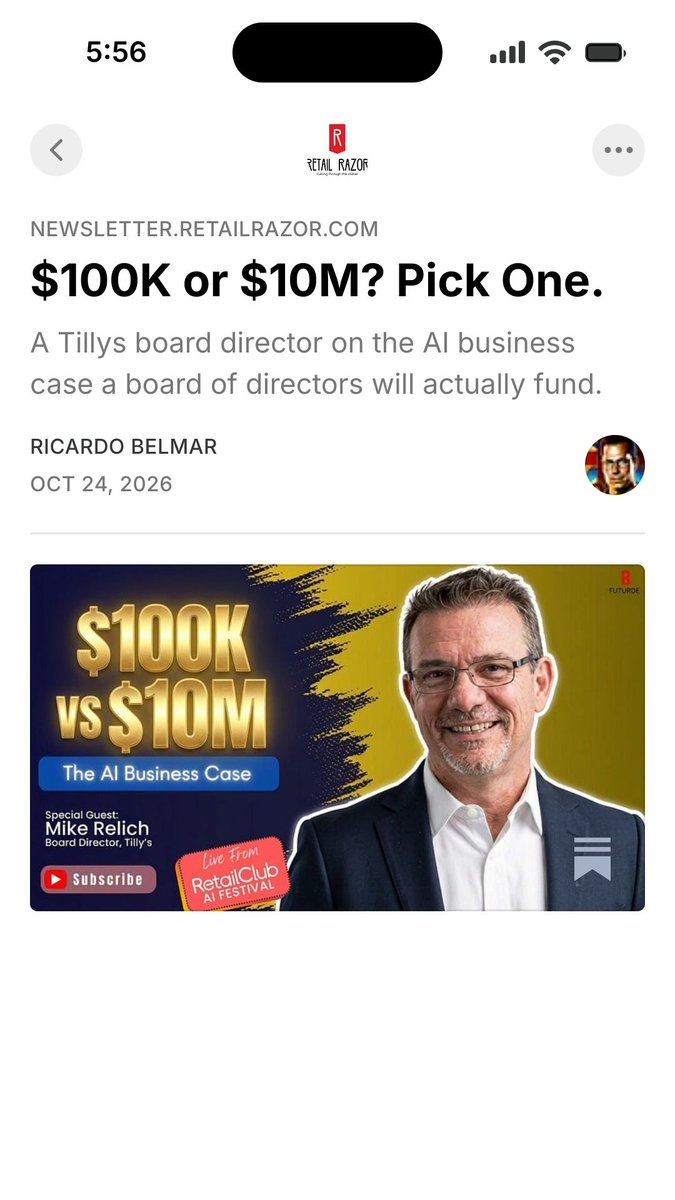 RetailRazor's tweet photo. $100K saved on product copy or $10M cut from inventory? 

Latest #newsletter: what #Tillys board director Mike Relich told us at #RetailClub about getting AI funded by your board.

@ricardo_belmar @caseycgolden

https://t.co/crf662F5iq #retail #TopRetailExpert https://t.co/mSeIh3yIme