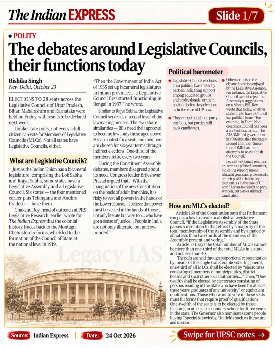 Legacy_ias's tweet photo. There was an article in today's newspaper on Legislative Councils and their functions. 

Let's learn about it in detail. 

What are legislative councils? 

Composition and election procedure? 

Powers and Limitations? https://t.co/cloPma4pPc