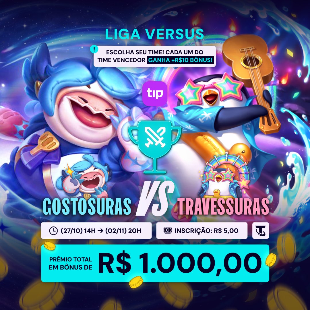 tipspace's tweet photo. Nesse Halloween, você já tá de fantasia pronta ou só tá pensando em aprontar/alastrar/aloprar? 🎃

Na Liga Versus de TFT, você também escolhe o estado de espírito que mais te representa, pra então representá-lo e levá-lo à vitória! 🏆⚔️

A escolha é sua:  👘 GOSTOSURAS 🆚 TRAVESSURAS! 🎸

Como funciona uma Liga Versus? 🤓
➜ Escolha seu time e jogue valendo para pontuar!
➜ O time com maior pontuação ao fim da Liga garante um bônus de +R$10 para cada integrante! 💸
➜ Mesmo se seu time perder, você ainda pode vencer no ranking individual (ou o contrário: perder no ranking, mas levar o bônus por estar no time vencedor 😏)

👘 Detalhes da Liga 🎸
🕹️ Jogo/Modo: Teamfight Tactics - Ranqueado
🗓️ Período: 27/10 às 14h ➔ 02/11 às 20h
🎟️ Inscrição: R$ 5,00
📊 Somente suas 3 melhores partidas contam
🏆 Premiação total: R$ 1.000,00 em bônus
📲 Inscreva-se direto no app!

👘 Como pontuar 🎸
+10 pts • TOP 1
+8 pts • TOP 2
+7 pts • TOP 3
+6 pts • TOP 4
+4 pts • TOP 5
+3 pts • TOP 6
+2 pts • TOP 7
+1 pts • TOP 8
+2 pts • Chegar ao nível 10
+5 pts • Por cada campeão épico 3⭐
+10 pts • Por cada campeão lendário 3⭐
+1 pts • Terminar com 3 ou 4 campeões 3⭐
+2 pts • Terminar com 5 ou mais campeões 3⭐
+1 pts • Valor de board de 100 ou mais
+2 pts • Terminar no round 7-1 ou além

Suas 3 partidas com mais pontos definirão sua posição no ranking! 🔥
