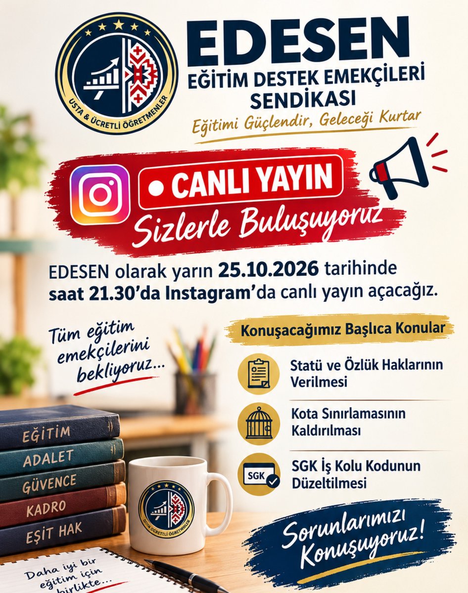 EDESEN2026's tweet photo. Eğitim Destek Emekçileri Sendikası her platformda usta öğreticiler ve ücretli öğretmenlerin sesi olmaya devam ediyor.
Yarın akşam Instagramda Saat 21.30'da sizleride yayınımıza davet ediyoruz.

#KotaDeğilHak
EĞİTİM DESTEK EMEKÇİLERİ https://t.co/FFXjMqdJ6Q