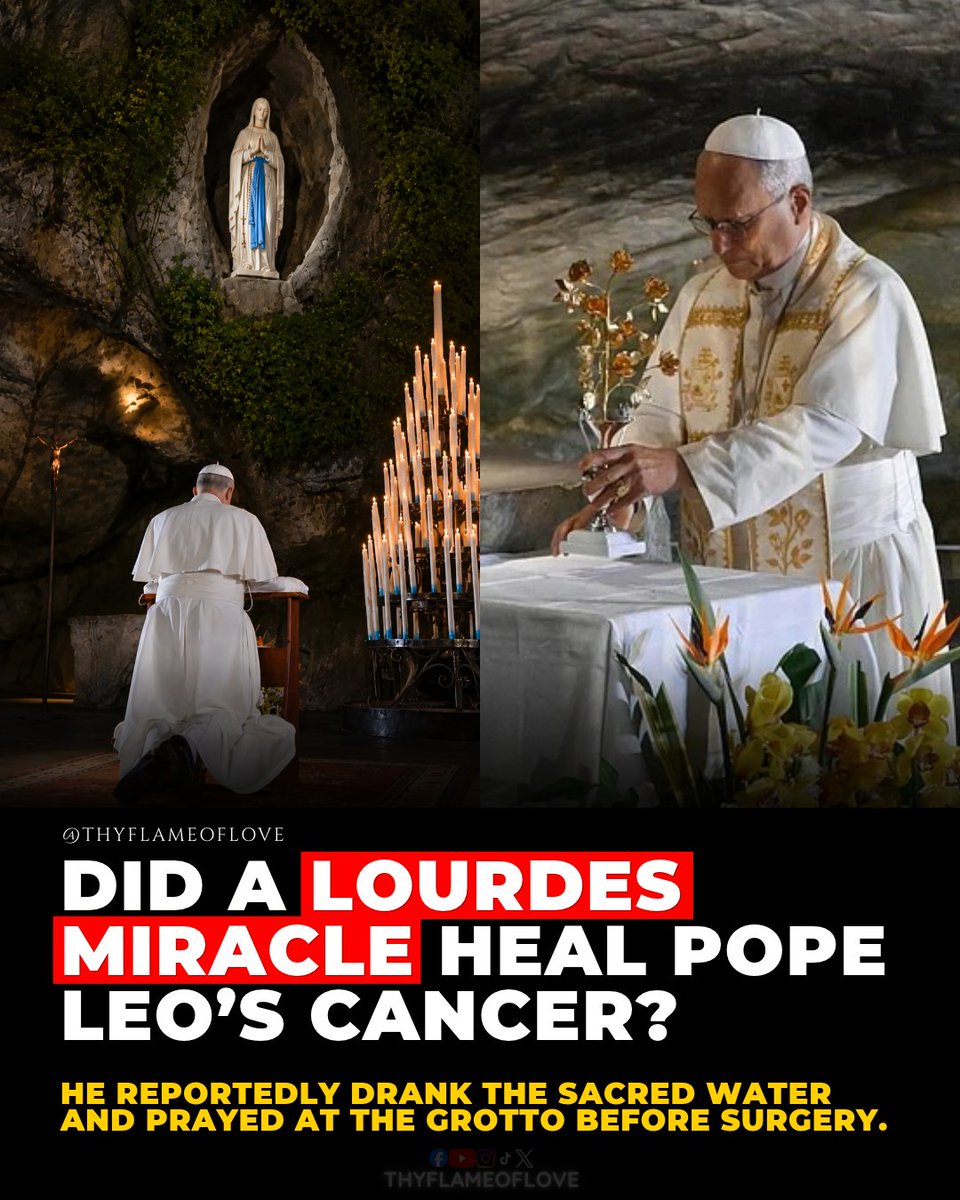 thyflameoflove's tweet photo. What if Pope Leo XIV's visit to one of the world's most famous healing shrines had a deeper meaning than anyone realized? ⤵️

Just weeks before reportedly undergoing surgery for lung cancer, Pope Leo XIV visited Lourdes, a sacred place where millions of Catholics have prayed for healing.

And while he was there, he reportedly did three things: drank from the sacred spring, lit a candle, and touched the grotto's rock.

Three powerful gestures associated with faith, hope, and prayers for healing.

After the visit, he even spoke about witnessing what he called "almost miracles" among people suffering from illness.

But here's where the story takes an unexpected turn. According to the account, weeks later, the Pope underwent surgery for lung cancer, and doctors reportedly found that the disease was localized, with no further treatment necessary.

But there's one question that remains unanswered. Did Pope Leo already suspect he had cancer when he visited Lourdes?

And could that explain the significance of his prayers?

There's no verified evidence connecting the visit to his medical outcome, but the story raises a question many believers would find deeply personal.

Was this simply a pilgrimage of faith, or was he praying for healing of his own?

💬 What do you think? Do you believe this visit to Lourdes is linked to Pope Leo XIV's healing?