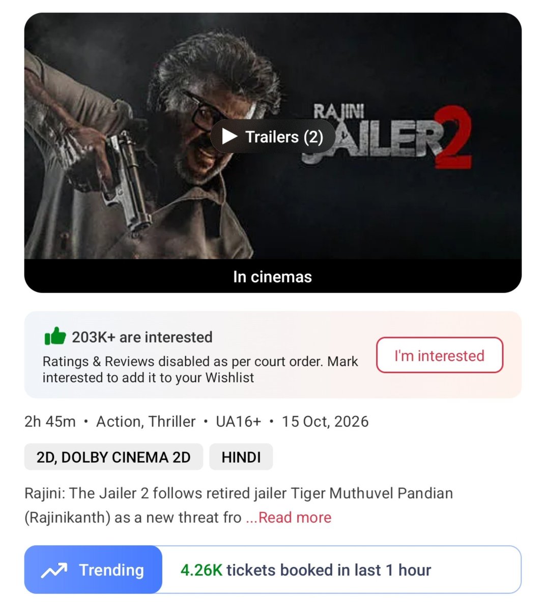 filmy_view's tweet photo. #Jailer2 
9-10pm    
Tickets sold on BMS- 28380
Yesterday- 31010

Total from 6am- 3,55,020 🔥
Yest- 3,04,160 https://t.co/cyldZavPZA
