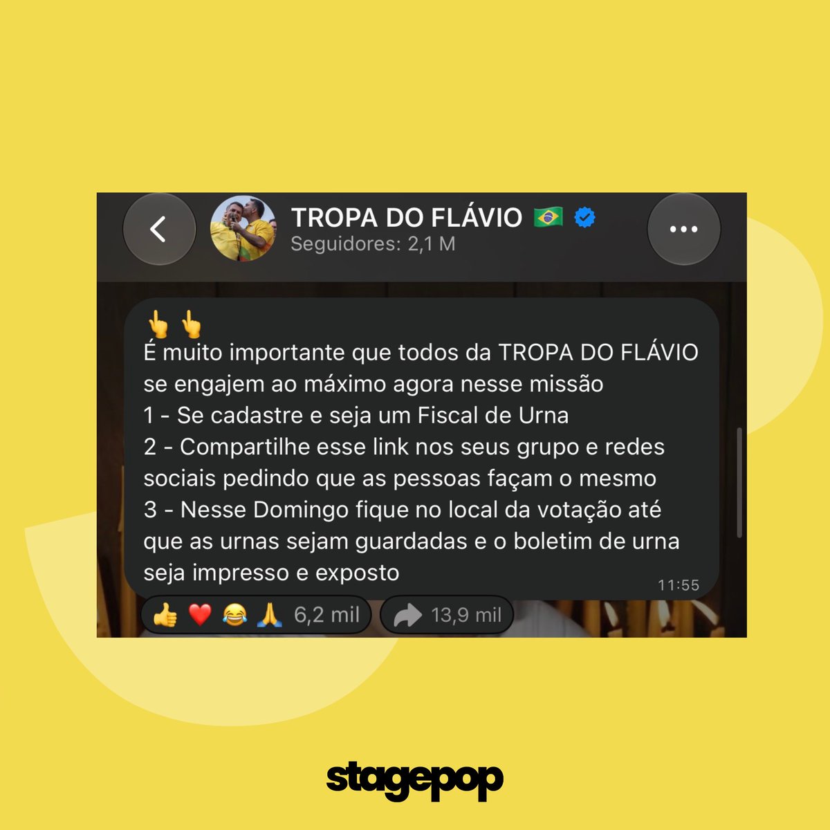 stagepopbr's tweet photo. 🚨 ABSURDO! Canal da Tropa do Flávio convoca eleitores a permanecerem nos locais de votação até que as urnas sejam guardadas e os boletins de urna sejam impressos e expostos. 

A mobilização pode provocar aglomerações e dificultar o fluxo de eleitores no dia da votação. https://t.co/VuuAZn1nba