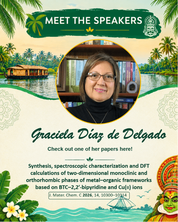 ICCOSS27's tweet photo. Meet @GraceDD32, speaker at ICCOSS27! She studies hybrid porous solids, APIs, and supramolecular systems using single crystal and powder X-ray diffraction.
📍ICCOSS27 | June 20–25, 2027 | Kerala, India
🔗https://t.co/7ruMioPjkW https://t.co/S2K6NiJnHp