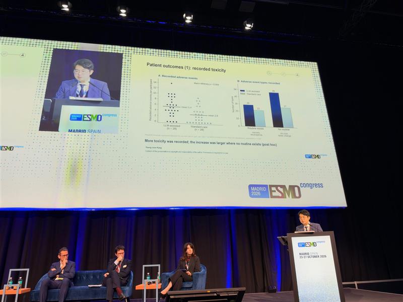 CancerNetwrk's tweet photo. 📢 @DrArturoAI was on the floor for LBA19 at #ESMO26!

In ALLIANCE, the first randomized trial of an LLM in the oncologist’s hands, more adverse effects were recorded (5.4 vs 2.8 per patient), but dose reductions and quality of life didn’t change, per Young-Joon Kang, MD, PhD.

Physicians used it in fewer than half of visits, and the tool was safe under physician review.

#OncologyAI #LLMs #CNRealtimeReport