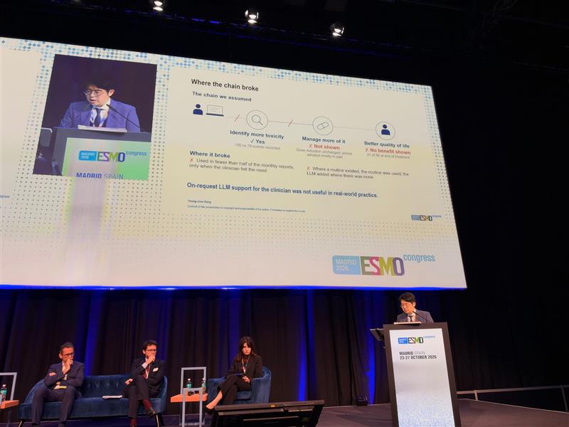 CancerNetwrk's tweet photo. 📢 @DrArturoAI was on the floor for LBA19 at #ESMO26!

In ALLIANCE, the first randomized trial of an LLM in the oncologist’s hands, more adverse effects were recorded (5.4 vs 2.8 per patient), but dose reductions and quality of life didn’t change, per Young-Joon Kang, MD, PhD.

Physicians used it in fewer than half of visits, and the tool was safe under physician review.

#OncologyAI #LLMs #CNRealtimeReport
