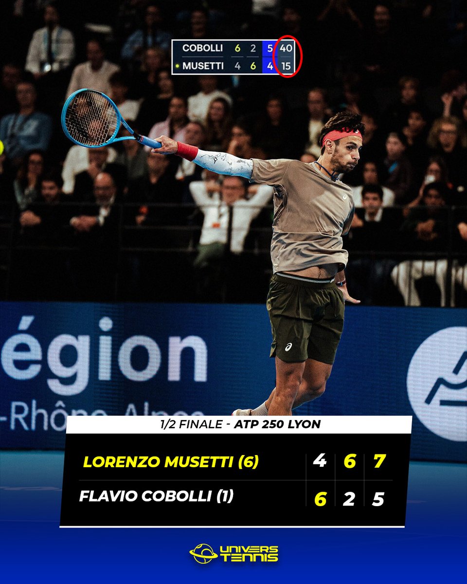 UniversTennis's tweet photo. MUSETTI EN FINALE À LYON 🇮🇹

Lorenzo Musetti sauve QUATRE BALLES DE MATCH et renverse son compatriote Flavio Cobolli pour atteindre sa 10e finale en carrière.

Il bat son premier TOP 10 depuis janvier et affrontera Taylor Fritz pour le titre. 🏆