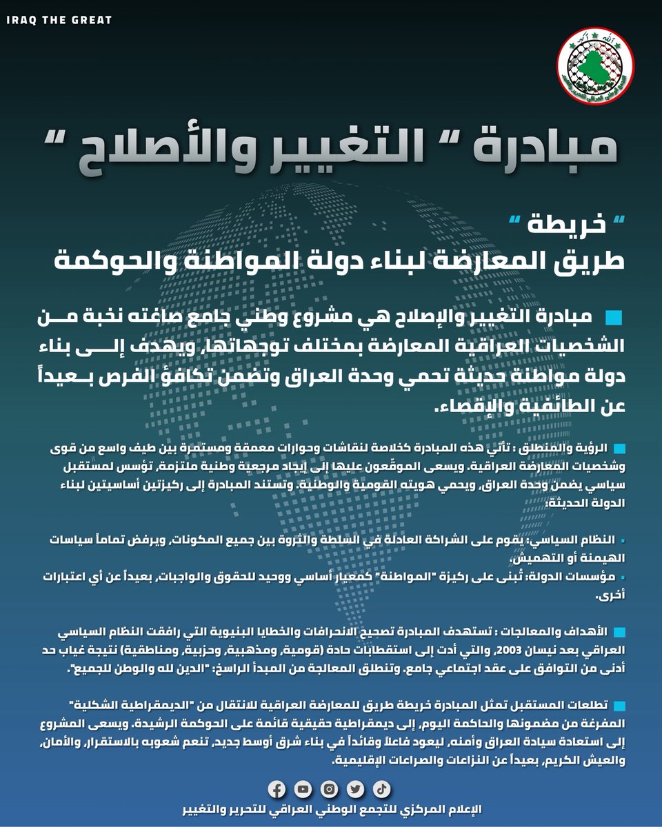 Media_Office0's tweet photo. 🔴مبادرة "التغيير والإصلاح": خريطة طريق المعارضة لبناء دولة المواطنة والحوكمة.

#التجمع_الوطني_العراقي_للتحرير_والتغيير #العراق #بغداد #اخبار https://t.co/He5Hll6Ur2