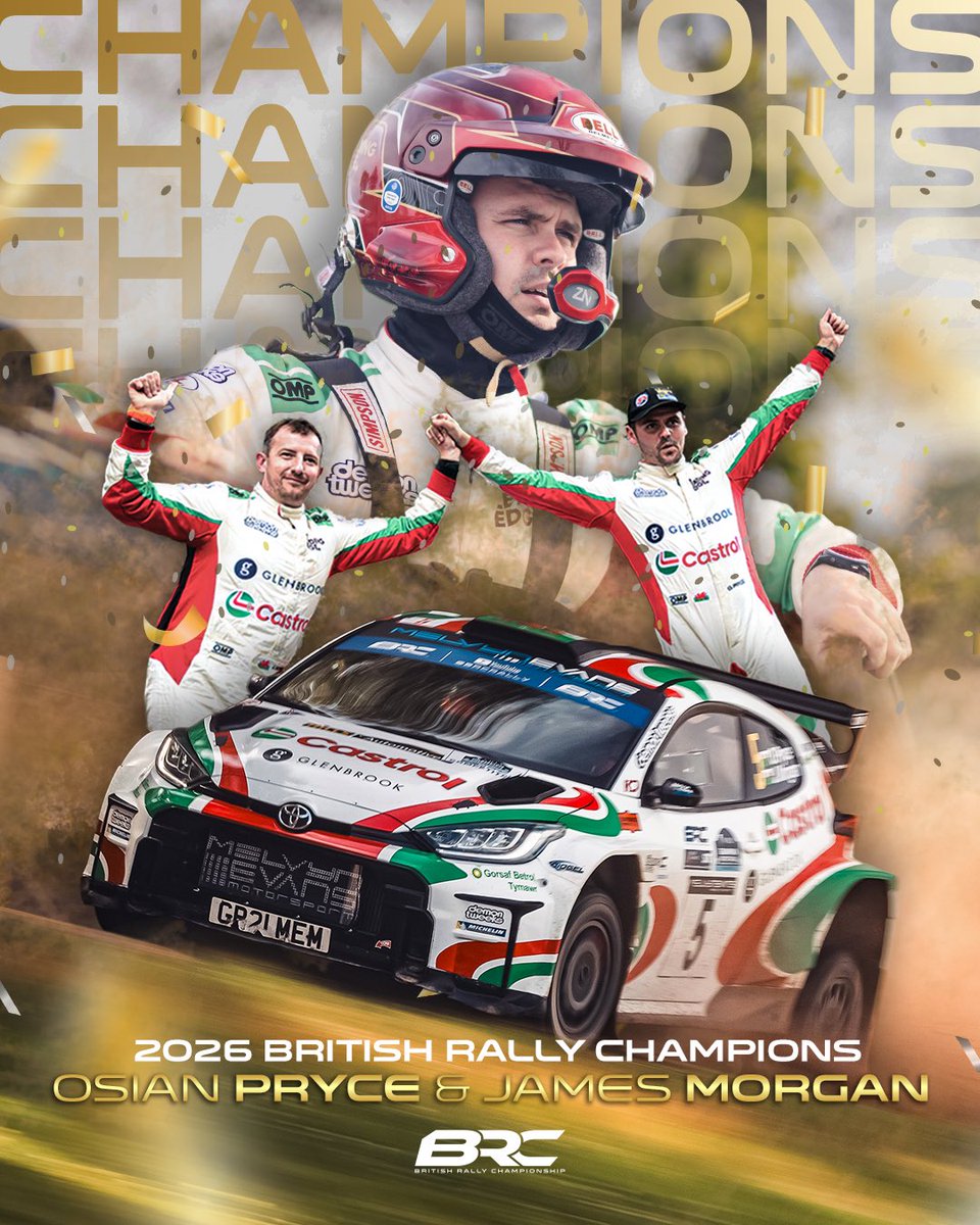BRCrally's tweet photo. ๐ CHAMPIONS! ๐
Wales will be dancing in the streets tonight! ๐ด๓ ง๓ ข๓ ท๓ ฌ๓ ณ๓ ฟ
In a breathtaking final stage thriller, Osian Pryce & James Morgan are the 2026 Motorsport UK British Rally Champions!
Pryce etches his name on the trophy for a second time - adding to his 2022 crown.
#BRCRally https://t.co/2OkbUY7zfU