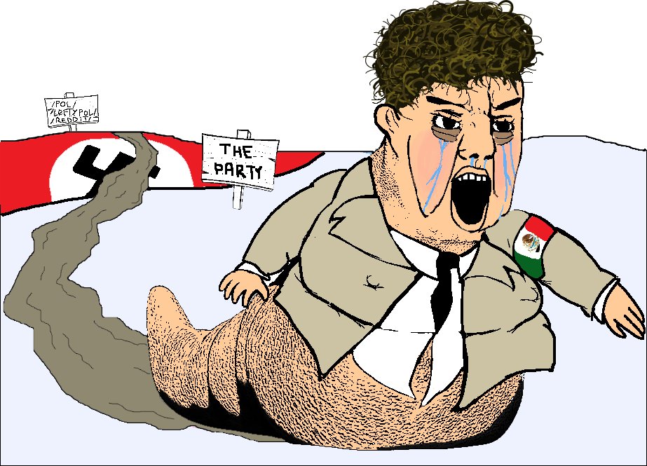 C_U271D's tweet photo. The original meximutt image ( the "o algo" guy) was created by a czech pretending to be romanian making fun of an indian pretending to be mexican, based on memes making fun of a racist gay white mexican who pretended to be black combined with a drawing making fun of americans https://t.co/S6aQx6OeI2