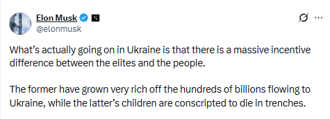 YourAnonCentral's tweet photo. Elon Musk spreads disinformation about Ukraine after being exposed for sabotaging military operations by the WSJ.

The US tax funded billionaire, Trump's largest donor, (backed by Israel and Russia); tied to the deaths of thousands of children due to USAid cuts, blames Ukraine for not surrendering.