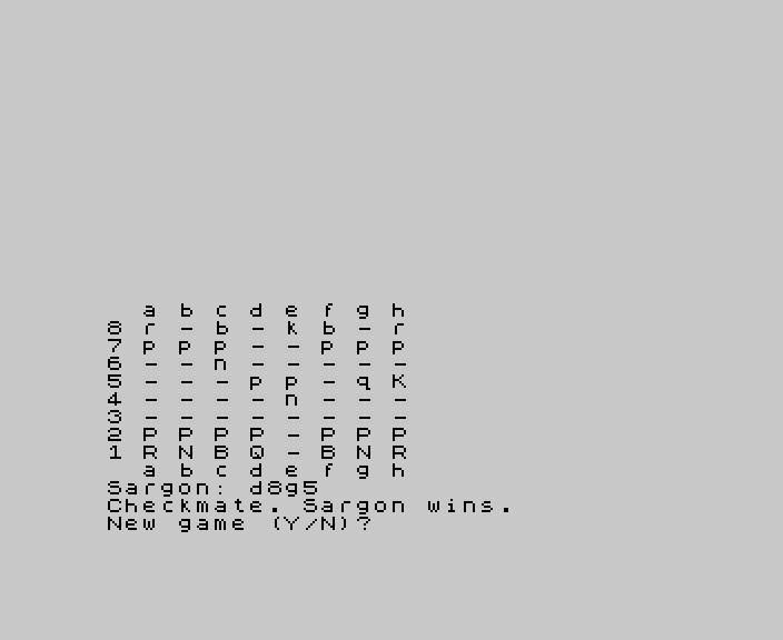 oldsoft's tweet photo. Byl jednou jeden slavný šachový program Sargon, 1978, verze pro ZX Spectrum neexistovala. Zdroják se dochoval. Tak dostal úkol Codex a máme tu verzi 0.01. Zatím hraje jen černými, nejde nastavit level a výstup jen textově. Ale hraje to. Pozice na druhém obrázku si nevšímejte, testoval jsem chybu. #sargonchess #zxspectrum