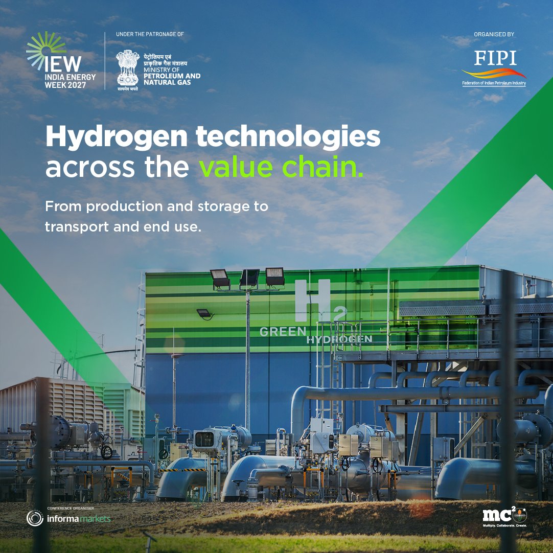 IndiaEnergyWeek's tweet photo. Hydrogen becomes more interesting when the full value chain is in view.

Electrolysers are only one part of the equation. Compression, storage, transport and end-use systems all shape how hydrogen moves from production into practical industrial applications.
For technology providers, suppliers and buyers, that creates a broader commercial conversation around system integration, infrastructure needs and where different solutions fit across the chain.

From production technology to market application.

Meet the companies working across the hydrogen value chain at the IEW 2027 Hydrogen Zone.

Link: https://t.co/ybZmd1NbWj

India Energy Week 2027
28-31 January 2027, Kolkata

@PetroleumMin @ChairmanIOCL @ChairmanONGC @DgFipi @ONGC_ @IndianOilcl @BPCLimited @HPCL @chennaipetro @gailindia @Ongc_Mrpl @OilIndiaLimited @PetronetLNGLtd @RIL_Updates @EngineersIND @HMEL_India @NRL_MoPNG @Shell_India @AxensGroup @bakerhughesco @exxonmobil_ind @IGLSocial @LanzaTech @larsentoubro @Jiobpofficial @SiemensIndia @topsoe_official @TotalEnergies @WorldLiquidGas @IGU_News @h2epower @IGX_India @Seros_IN @THINKGasIndia @rajeevicha @MCSquarePlus

#IndiaEnergyWeek #iew27 #IndiaEnergyWeek2027 #TechnicalConference #EnergyResearch #EnergyInnovation #MC2Ignite
