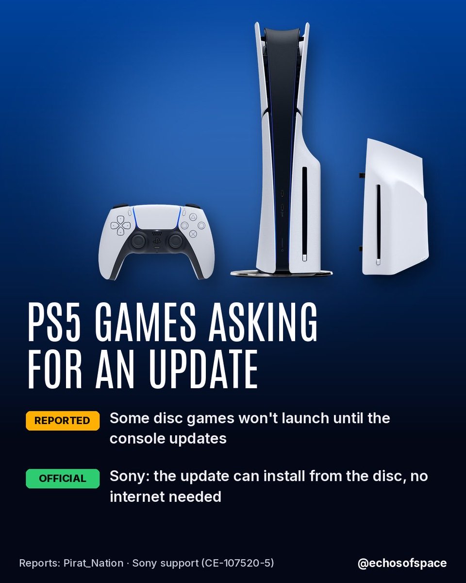 echosofspace's tweet photo. PS5 owners say some physical games won't launch from the disc until the console installs a system update, per Pirat_Nation (Reported).

Per Sony, a disc with newer system software guides you through the update, and the console can update from the disc with no internet (Official). https://t.co/iHgcxWo3Jo