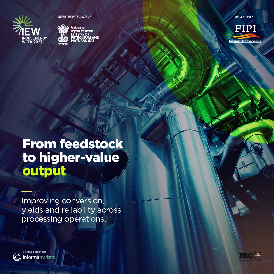 IndiaEnergyWeek's tweet photo. The Petrochem Zone at IEW 2027 brings the sector’s technology and operating priorities into one focused space.

From improving conversion and yields to reducing energy intensity and extending material use, the zone will spotlight solutions that can strengthen efficiency and performance across petrochemical operations.
For producers, technology providers and engineering partners, it is a chance to see where process improvement, circularity and higher-value output are moving next.

Better conversion. Smarter resource use. More value across the process.

Discover the Petrochem Zone at IEW 2027. Register today. 

Link: https://t.co/ybZmd1NJLR

India Energy Week 2027
28-31 January 2027, Kolkata

@PetroleumMin @ChairmanIOCL @ChairmanONGC @DgFipi @ONGC_ @IndianOilcl @BPCLimited @HPCL @chennaipetro @gailindia @Ongc_Mrpl @OilIndiaLimited @PetronetLNGLtd @RIL_Updates @EngineersIND @HMEL_India @NRL_MoPNG @Shell_India @AxensGroup @bakerhughesco @exxonmobil_ind @IGLSocial @LanzaTech @larsentoubro @Jiobpofficial @SiemensIndia @topsoe_official @TotalEnergies @WorldLiquidGas @IGU_News @h2epower @IGX_India @Seros_IN @THINKGasIndia @rajeevicha @MCSquarePlus

#IndiaEnergyWeek #iew27 #IndiaEnergyWeek2027 #TechnicalConference #EnergyResearch #EnergyInnovation #MC2Ignite