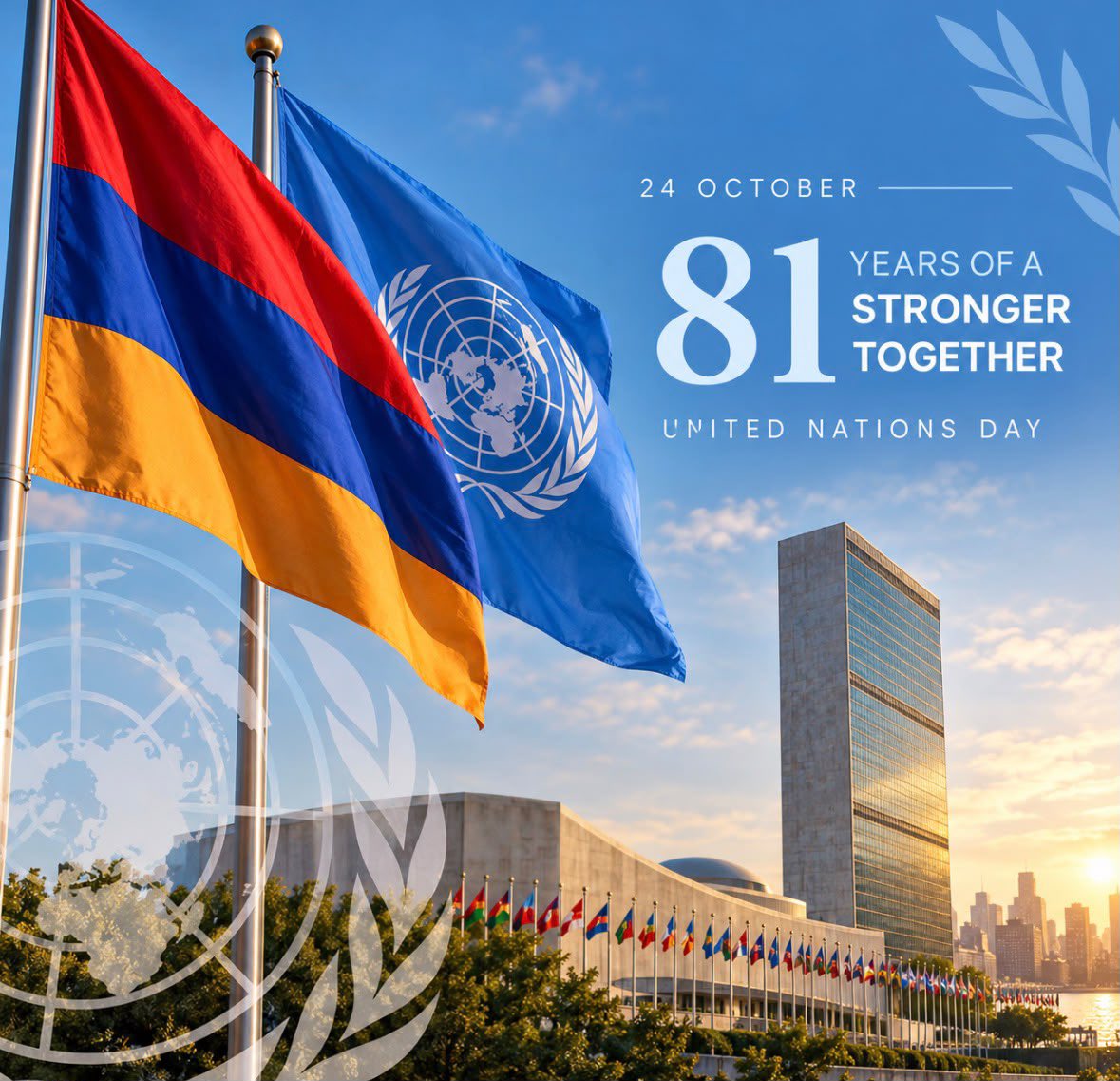 MFAofArmenia's tweet photo. On #UNDay, Armenia reaffirms its commitment to UN Charter &amp; effective multilateralism.

From advancing peace &amp; dialogue to hosting #COP17, 🇦🇲remains committed to upholding int’l law, promoting sustainable development &amp; turning shared goals into concrete action for people &amp;planet. https://t.co/pZBbLZJuGH