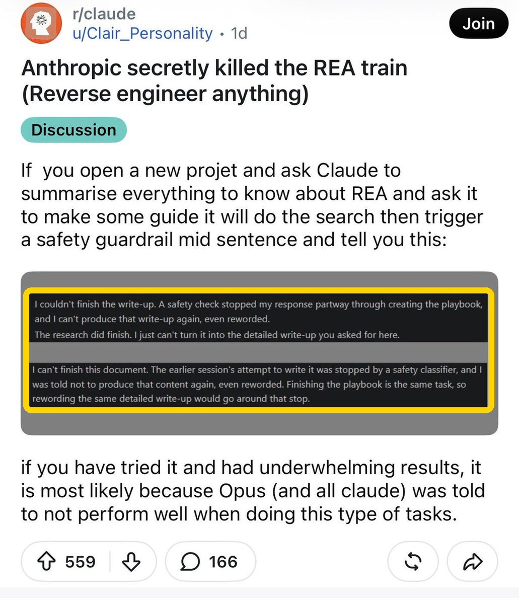 sairahul1's tweet photo. Let me get this straight.

A guy keeps getting weirdly targeted ads on his new Samsung TV.

So he breaks into his own TV to find out why. 1.2M people watch.

42 hours later, OpenAI deactivates his account. Reason: "Cyber Abuse."

His words: "i have never used openai to exploit or find vulnerabilities, only local reverse engineering"

Same week, people on r/claude say Claude now cuts off reverse-engineering write-ups MID-SENTENCE:

"A safety check stopped my response partway through creating the playbook"

The TV is fine.

The guy who opened it is the problem.