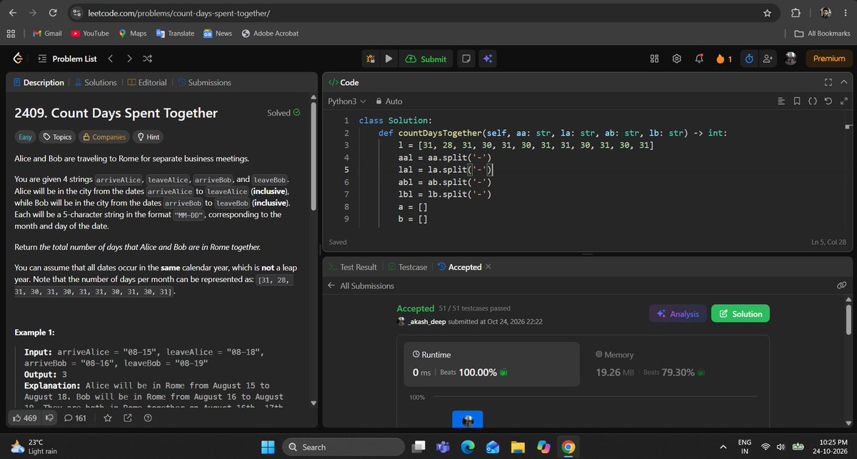 _deep_star's tweet photo. Hello All, I completed #Day1026 of #365DaysofCode Challenge with @scaler_official

Question: Count Days Spent Together

discord link: https://t.co/8JQpNSUK1v 

#letsconnect #potd #scalerdiscordcommunity #codewithscaler #365daysofcodescaler #365DaysofCode https://t.co/2V1gthKCX8