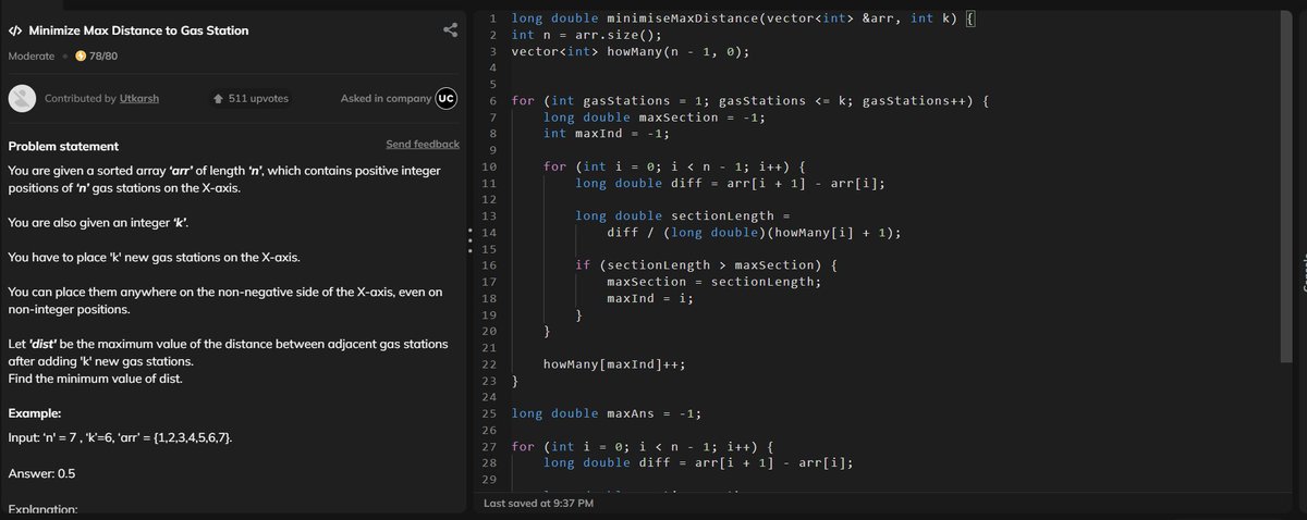 codee_99's tweet photo. Day 29/100 of #100DaysOfCode
LC 774: Minimize Max Distance to Gas Stations
Binary Search, Greedy, Heap⦠bro, I just wanted to place some gas stations. WHY AM I FIGHTING FOR MY LIFE? Plus the TC restrictions
Probably the toughest problem I've tackled so far.
#DSA #LeetCode https://t.co/WfWH16BLYb