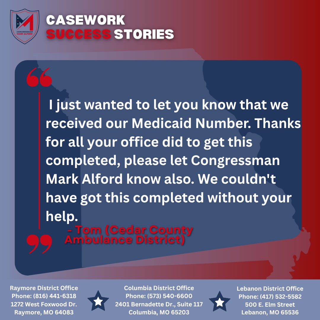 A congressional casework success graphic with a shield logo, a stylized map background, and a large testimonial panel. The testimonial says a constituent received a Medicaid number and thanks the office for its help. Contact information for three district offices appears along the bottom.