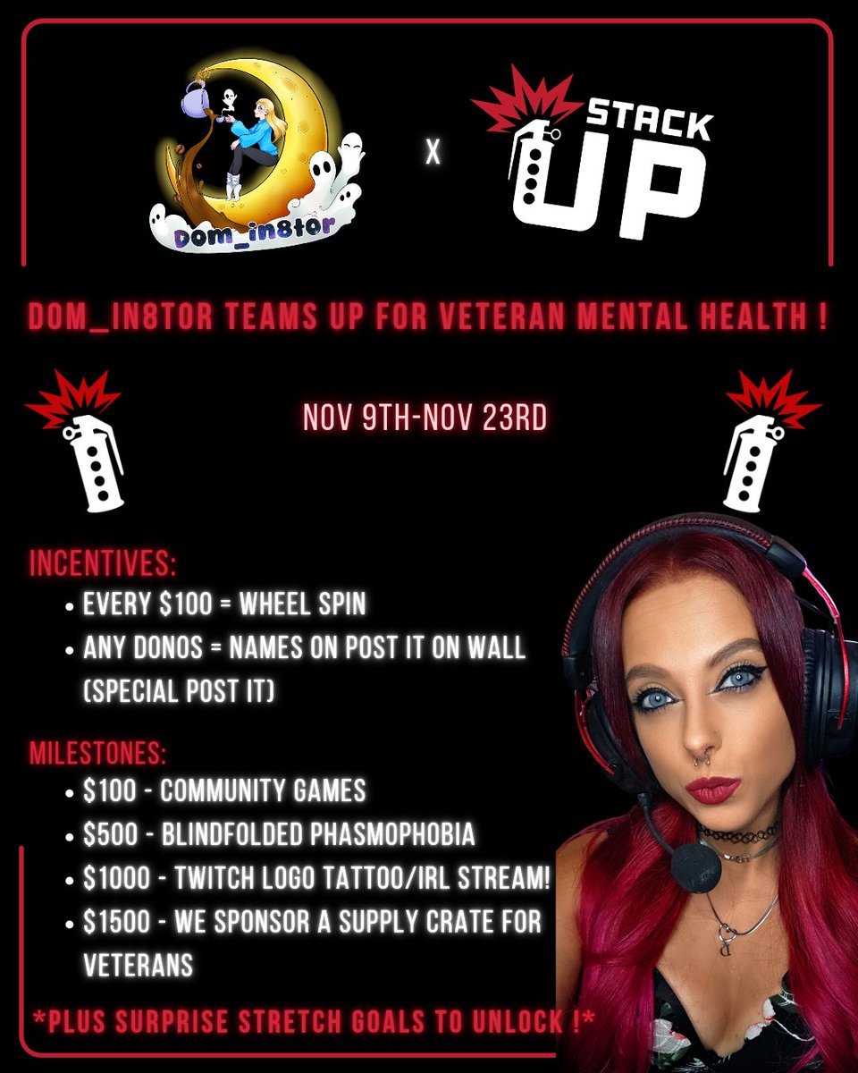 DOMin8tor_'s tweet photo. Hey y'all Join me from 11/9-11/23 for our annual @StackUpDotOrg charity ! We will be raising money to help veterans w/ their mental health! Tune in every day starting on November 9th and help us to help fellow veterans! Hope to see y'all there! ❤️ https://t.co/9YsymiN2Ed