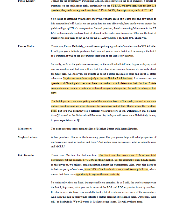 DhawalDoshi5's tweet photo. Fedbank Financial Services Q2FY27 Concall Updates –

1/ Gold loans – Growth Engine
Management acknowledged that competition in gold loans intensified in Q2, with lenders using different pricing, yield and lending strategies across geographies.

Management said the company was among the few gold-loan players whose yield had fallen by only around 10 basis points across Q1 and Q2, although it did not provide a full peer-comparison table on the call.

The company intends to use multiple levers like yields, LTV, customer segment and geographical mix instead of commenting to a flat yield outlook. It explicitly declined to guarantee that yields would remain unchanged in Q3 and Q4.

FEDFINA reported an average LTV of 68%. Management said it varies lending practices by geography and competition, sometimes operating at lower LTVs where market conditions allow it

2/ Gold Loan – Asset Quality
Management attributed the rise in early-stage delinquencies to the shift from the earlier bullet-repayment structure towards a periodic interest-payment model.

Customers accustomed to pay at the end of the loan cycle are now being asked to make regular interest payments.

The behavioural adjustment could take another one or two quarters. It warned that Stage II numbers could fluctuate as business volumes and customer behaviour change.

Management emphasised that it had not incurred an auction loss on principal or interest in the preceding six years and said it intended to preserve that record. It also said gold loans are collateralised and recoverable through the auction process

3/ Mortgage Business – Early signs of Turnaround

Management said the company had spent the previous three to four quarters strengthening underwriting, changing manpower and tightening its business rules engine.

Credit costs in small-ticket LAP have normalised sufficiently to allow it to push for growth in Q3 and Q4.

A decline in small-ticket LAP origination yields from 16.1% to 14.9% over the previous five to six quarters which the company attributed the Q2 yield mix partly to a higher contribution from lower-yield states, rather than solely to higher ticket sizes. 
Management indicated that approval rates had recovered from around 30% to the low-to-mid-40% range.

The expected disbursements and yields to improve in Q3FY27 and anticipates one of the segment’s strongest quarters in around 8-9 quarters

Management also said it had moved away from very small loans and was no longer doing loans below Rs. 8 lakh in this small-ticket LAP segment.

Management described medium-ticket LAP as a profitable, partner-driven business with yields of approximately 11.5–12.5%, a stable delinquency profile and a mature operating team

4/ Funding Costs & Balance Sheet
The weighted-average borrowing cost remained around 7.8% for three consecutive quarters.

Borrowing mix:
• Fixed rate: 33%
• MCLR-linked: 24%
• EBLR-linked: 43%

Management believes this mix provides some protection from changes in interest rates. It also noted that around 58% of the loan book consists of short-tenor gold loans, which can be repriced when they mature

Management acknowledged that higher funding costs cannot always be fully passed on to customers. It plans to offset pressure through operating efficiency, product mix, credit-cost management and pricing.

Q2 direct assignments of around Rs. 700 CR in gold loans also supported balance-sheet efficiency, with debt/equity declining to 4.6x from 4.9x and CRAR improving to 21% from 20.7%.

5/ Management Guidance
Management reiterated its existing annual guidance of growing AUM at 20-25% despite the flat gold-price environment. It indicated that performance could be better if gold prices rise.

The aim is to reach ROA of 3% & ROE of 18% and then sustain a predictable return profile. It suggested Q1 and Q2 performance could create upside to its earlier ROE guidance, but it did not formally revise the guidance.

Credit Cost will be below 1% & GNPA below 2% acknowledging that Stage II and Stage III indicators could fluctuate as gold-loan customers adjust to the new repayment structure.

Management expects the second half to be seasonally stronger for gold-loan tonnage and plans to accelerate small-ticket LAP disbursements

6/ Risks
=> Gold-loan yield compression amid competition.
=> Persistent Stage II/Stage III deterioration.
=> Higher operating costs from rapid branch expansion.
=> Funding-cost pressure on spreads
=> A slower-than-expected small-ticket LAP recovery
=> Dependence on direct assignments to manage leverage

7/ Final Takeaway
Fedbank Financials’ Q2FY27 performance shows strong growth momentum and improving profitability.

The positives are rapid gold-loan expansion, 40.9% YoY core NII growth, 63.1% PAT growth and lower sequential credit costs.

But the next phase depends on three things:
1. Sustaining gold-loan growth without sacrificing yields.
 2. Proving that rising delinquencies are manageable.
 3. Converting small-ticket LAP recovery and branch expansion into profitable growth

The key metric to watch is whether Fedbank can reach its 3% ROA and 18% ROE targets while keeping credit costs under control.

The next two quarters should be particularly informative: they will show whether the gold-loan delinquency changes remain largely technical, whether small-ticket LAP delivers its expected recovery

🟥Disclaimer: This post is for informational and educational purposes only.