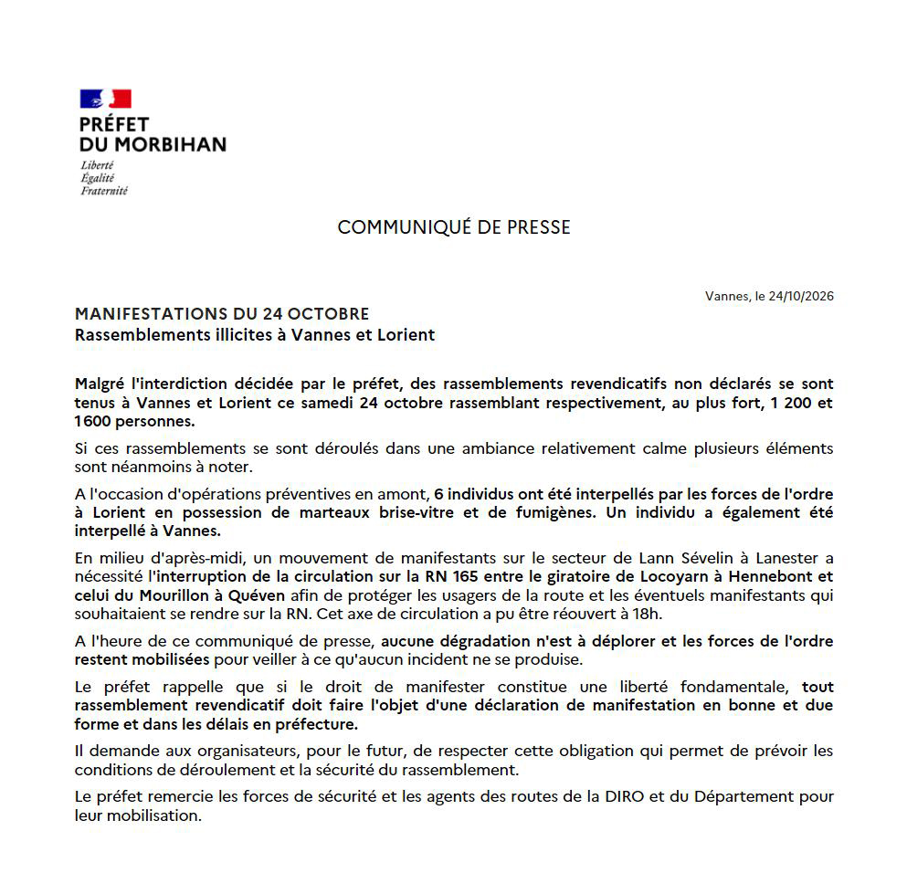 Prefet56's tweet photo. Mobilisation du 24 octobre 2026 |
Bilan des mobilisations à Vannes et Lorient https://t.co/bWB0ffymWc