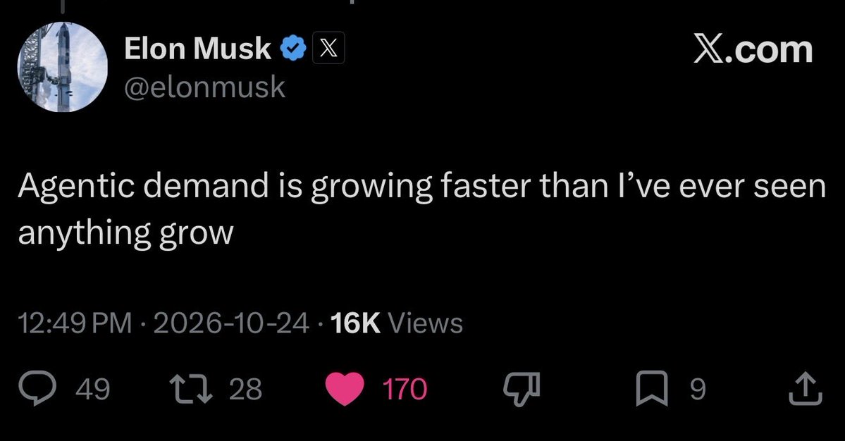 KyleReidhead's tweet photo. Fact number 4,876 that tells you we’re not in an AI bubble

The market is still modeling the demand from chat 

It does not yet understand the growth curve to model for agents, as we’re just 2 months since grok bot launched and less for Muse and Dots

Agents are the next inflection point

Think about what just happened with ChatGPT in the last 3 years

We will do it again at a larger scale with agents 

More demand, more token usage, more bottlenecks, more earnings
