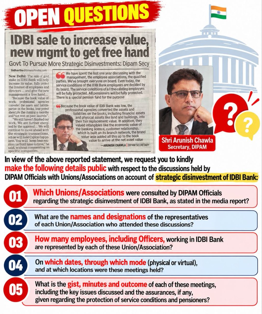saveidbibank64's tweet photo. Open quetions by United Forum of IDBI officers and Employees..
@SecyDIPAM @nsitharaman @nsitharamanoffc https://t.co/LNpSmfmQdh