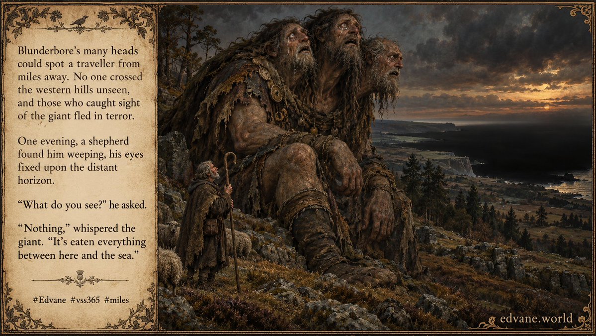 Edvane67's tweet photo. #vss365 Blunderbore's many heads could spot a traveller from #miles away. No one crossed the western hills unseen, and those who caught sight of the giant fled in terror.

One evening, a shepherd found him weeping, his eyes fixed upon the distant horizon.

“What do you see?” he asked.

“Nothing,” whispered the giant. “It's eaten everything between here and the sea.” #Edvane #DarkFantasy #Folklore