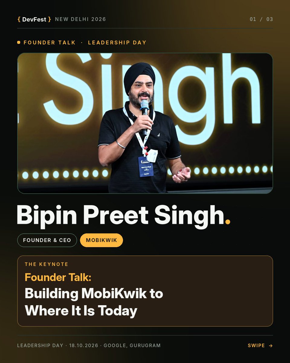 gdg_nd's tweet photo. From a bold vision to building a fintech business. 🚀📈

Bipin Preet Singh, Founder &amp; CEO of MobiKwik, shared insights from his entrepreneurial journey and the challenges of building and scaling a company at #DevFestNewDelhi 2026.

#DevFest2026 #GDGNewDelhi #FinTech https://t.co/xGyTlqP3hf