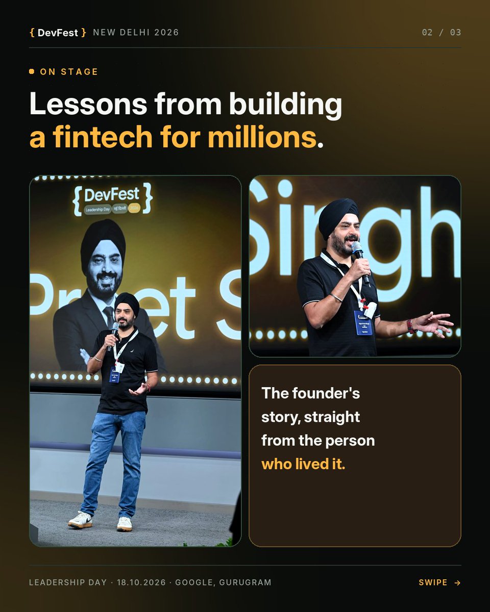 gdg_nd's tweet photo. From a bold vision to building a fintech business. 🚀📈

Bipin Preet Singh, Founder &amp; CEO of MobiKwik, shared insights from his entrepreneurial journey and the challenges of building and scaling a company at #DevFestNewDelhi 2026.

#DevFest2026 #GDGNewDelhi #FinTech https://t.co/xGyTlqP3hf