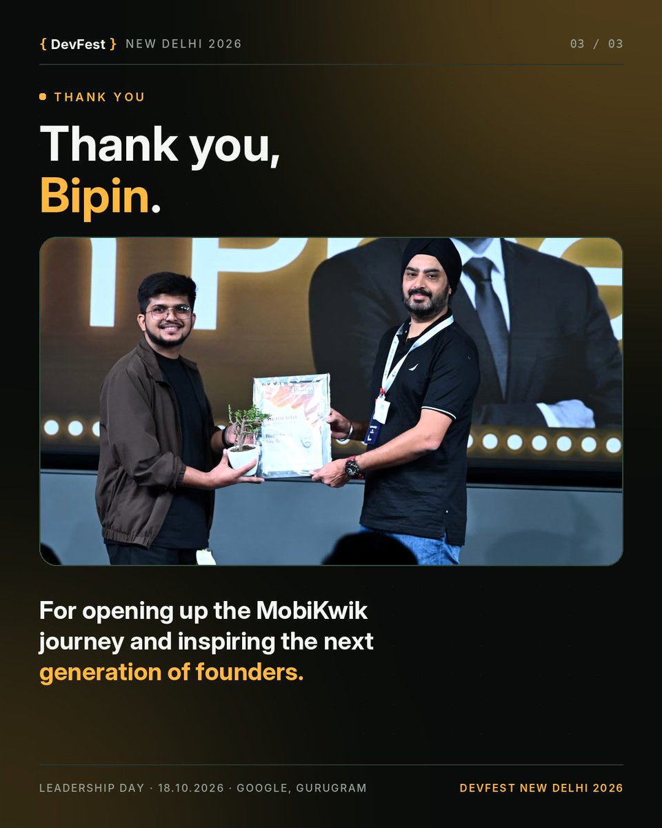 gdg_nd's tweet photo. From a bold vision to building a fintech business. 🚀📈

Bipin Preet Singh, Founder &amp; CEO of MobiKwik, shared insights from his entrepreneurial journey and the challenges of building and scaling a company at #DevFestNewDelhi 2026.

#DevFest2026 #GDGNewDelhi #FinTech https://t.co/xGyTlqP3hf