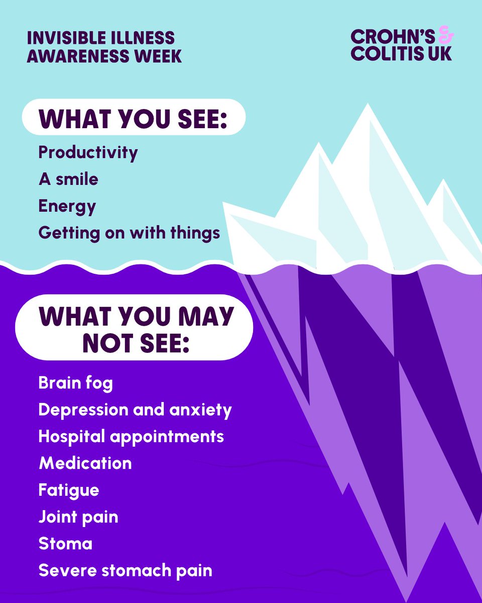 CrohnsColitisUK's tweet photo. Sometimes, what you see is just the tip of the iceberg. Living with Crohn's or Colitis often means dealing with invisible symptoms that no one else can see.
This Invisible Illness Awareness Week, we want to remind people that appearances don't always represent the full picture 💜 https://t.co/3AiHw5EsVM