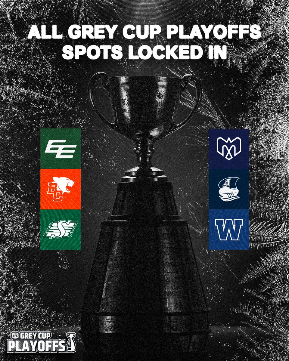 CFL's tweet photo. WE HAVE OUR GREY CUP PLAYOFFS TEAMS! 🔒

Today's matchup between Edmonton and Saskatchewan will determine the crossover spot.

A Saskatchewan win would send Winnipeg to the Eastern Semi-Final and Saskatchewan to the Western Semi-Final.

A Saskatchewan loss would send Winnipeg to the Western Semi-Final and Saskatchewan to Toronto for the Eastern Semi-Final.

🗓️: Elks vs. Roughriders @ 3 PM ET
📺: TSN, RDS2 and CFL+
