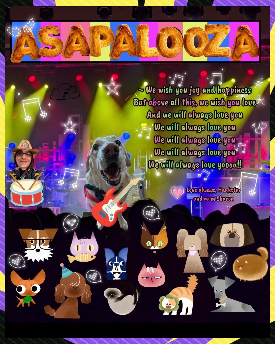 hankster_the's tweet photo. Me n mom are usually country bumpkins.. 😉🐽🎻🎶 but we've been rocking out in honor of our sweet rockstar pal~ 🎸🐕🌈🐾❤️‍🩹 We will always love yoou sweet, brave Asa!! 😝🤟🏽🐽💦🍭💛💛 #Asapalooza 🎶 https://t.co/n9ODKTTxMH