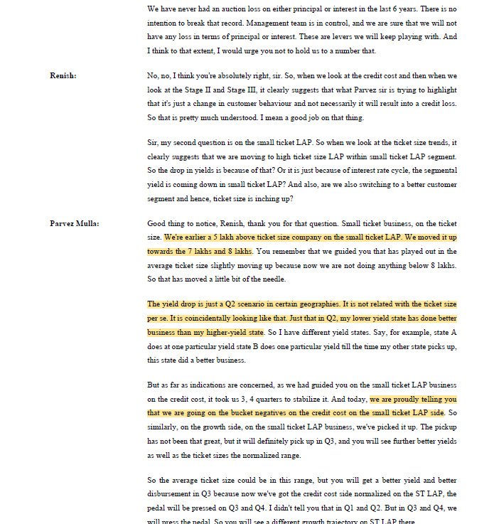 DhawalDoshi5's tweet photo. Fedbank Financial Services Q2FY27 Concall Updates –

1/ Gold loans – Growth Engine
Management acknowledged that competition in gold loans intensified in Q2, with lenders using different pricing, yield and lending strategies across geographies.

Management said the company was among the few gold-loan players whose yield had fallen by only around 10 basis points across Q1 and Q2, although it did not provide a full peer-comparison table on the call.

The company intends to use multiple levers like yields, LTV, customer segment and geographical mix instead of commenting to a flat yield outlook. It explicitly declined to guarantee that yields would remain unchanged in Q3 and Q4.

FEDFINA reported an average LTV of 68%. Management said it varies lending practices by geography and competition, sometimes operating at lower LTVs where market conditions allow it

2/ Gold Loan – Asset Quality
Management attributed the rise in early-stage delinquencies to the shift from the earlier bullet-repayment structure towards a periodic interest-payment model.

Customers accustomed to pay at the end of the loan cycle are now being asked to make regular interest payments.

The behavioural adjustment could take another one or two quarters. It warned that Stage II numbers could fluctuate as business volumes and customer behaviour change.

Management emphasised that it had not incurred an auction loss on principal or interest in the preceding six years and said it intended to preserve that record. It also said gold loans are collateralised and recoverable through the auction process

3/ Mortgage Business – Early signs of Turnaround

Management said the company had spent the previous three to four quarters strengthening underwriting, changing manpower and tightening its business rules engine.

Credit costs in small-ticket LAP have normalised sufficiently to allow it to push for growth in Q3 and Q4.

A decline in small-ticket LAP origination yields from 16.1% to 14.9% over the previous five to six quarters which the company attributed the Q2 yield mix partly to a higher contribution from lower-yield states, rather than solely to higher ticket sizes. 
Management indicated that approval rates had recovered from around 30% to the low-to-mid-40% range.

The expected disbursements and yields to improve in Q3FY27 and anticipates one of the segment’s strongest quarters in around 8-9 quarters

Management also said it had moved away from very small loans and was no longer doing loans below Rs. 8 lakh in this small-ticket LAP segment.

Management described medium-ticket LAP as a profitable, partner-driven business with yields of approximately 11.5–12.5%, a stable delinquency profile and a mature operating team

4/ Funding Costs & Balance Sheet
The weighted-average borrowing cost remained around 7.8% for three consecutive quarters.

Borrowing mix:
• Fixed rate: 33%
• MCLR-linked: 24%
• EBLR-linked: 43%

Management believes this mix provides some protection from changes in interest rates. It also noted that around 58% of the loan book consists of short-tenor gold loans, which can be repriced when they mature

Management acknowledged that higher funding costs cannot always be fully passed on to customers. It plans to offset pressure through operating efficiency, product mix, credit-cost management and pricing.

Q2 direct assignments of around Rs. 700 CR in gold loans also supported balance-sheet efficiency, with debt/equity declining to 4.6x from 4.9x and CRAR improving to 21% from 20.7%.

5/ Management Guidance
Management reiterated its existing annual guidance of growing AUM at 20-25% despite the flat gold-price environment. It indicated that performance could be better if gold prices rise.

The aim is to reach ROA of 3% & ROE of 18% and then sustain a predictable return profile. It suggested Q1 and Q2 performance could create upside to its earlier ROE guidance, but it did not formally revise the guidance.

Credit Cost will be below 1% & GNPA below 2% acknowledging that Stage II and Stage III indicators could fluctuate as gold-loan customers adjust to the new repayment structure.

Management expects the second half to be seasonally stronger for gold-loan tonnage and plans to accelerate small-ticket LAP disbursements

6/ Risks
=> Gold-loan yield compression amid competition.
=> Persistent Stage II/Stage III deterioration.
=> Higher operating costs from rapid branch expansion.
=> Funding-cost pressure on spreads
=> A slower-than-expected small-ticket LAP recovery
=> Dependence on direct assignments to manage leverage

7/ Final Takeaway
Fedbank Financials’ Q2FY27 performance shows strong growth momentum and improving profitability.

The positives are rapid gold-loan expansion, 40.9% YoY core NII growth, 63.1% PAT growth and lower sequential credit costs.

But the next phase depends on three things:
1. Sustaining gold-loan growth without sacrificing yields.
 2. Proving that rising delinquencies are manageable.
 3. Converting small-ticket LAP recovery and branch expansion into profitable growth

The key metric to watch is whether Fedbank can reach its 3% ROA and 18% ROE targets while keeping credit costs under control.

The next two quarters should be particularly informative: they will show whether the gold-loan delinquency changes remain largely technical, whether small-ticket LAP delivers its expected recovery

🟥Disclaimer: This post is for informational and educational purposes only.