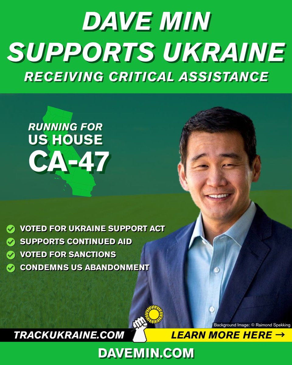 TrackUkraine's tweet photo. Democrat Dave Min @DaveMinCA is running for reelection in California's 47th Congressional District [CA-47] on November 3.
✅Voted for the Ukraine Support Act
✅Supports continued aid
✅Voted for sanctions
✅Condemns US abandonment https://t.co/ZPBmoey6s2