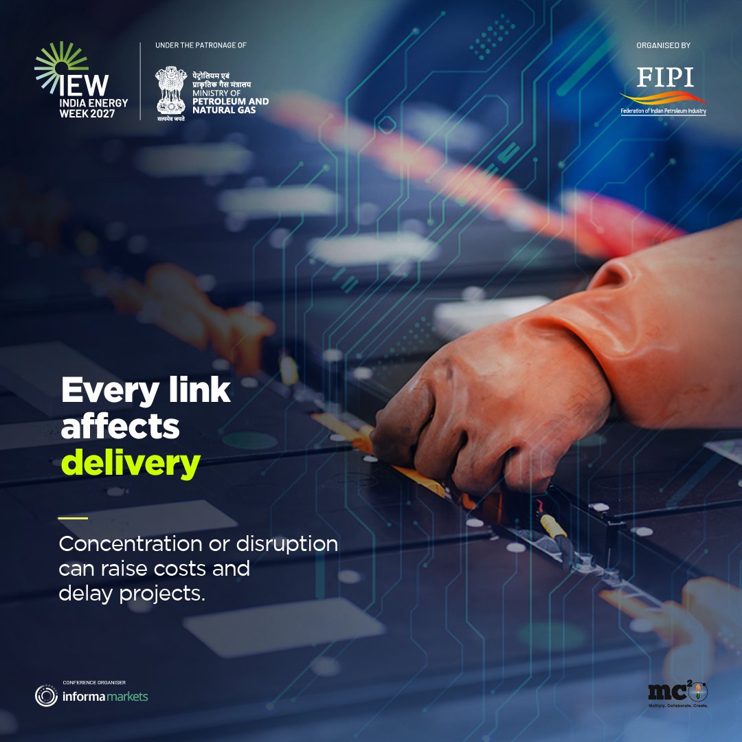 IndiaEnergyWeek's tweet photo. Clean energy projects are only as dependable as the supply chains behind them.

For developers, manufacturers, technology providers and suppliers, access to the right materials, components and logistics can shape cost, timelines and delivery.

A broader supplier base and smarter sourcing can help manage supply risk and give projects more room to move.
Stronger supply chains. More resilient project delivery.

Follow us to learn more about the conversation on stronger clean energy supply chains at IEW 2027. 

Link: https://t.co/ybZmd1NJLR 

India Energy Week 2027
28-31 January 2027, Kolkata

@PetroleumMin @ChairmanIOCL @ChairmanONGC @DgFipi @ONGC_ @IndianOilcl @BPCLimited @HPCL @chennaipetro @gailindia @Ongc_Mrpl @OilIndiaLimited @PetronetLNGLtd @RIL_Updates @EngineersIND @HMEL_India @NRL_MoPNG @Shell_India @AxensGroup @bakerhughesco @exxonmobil_ind @IGLSocial @LanzaTech @larsentoubro @Jiobpofficial @SiemensIndia @topsoe_official @TotalEnergies @WorldLiquidGas @IGU_News @h2epower @IGX_India @Seros_IN @THINKGasIndia @rajeevicha @MCSquarePlus

#IndiaEnergyWeek #iew27 #IndiaEnergyWeek2027 #TechnicalConference #EnergyResearch #EnergyInnovation #MC2Ignite