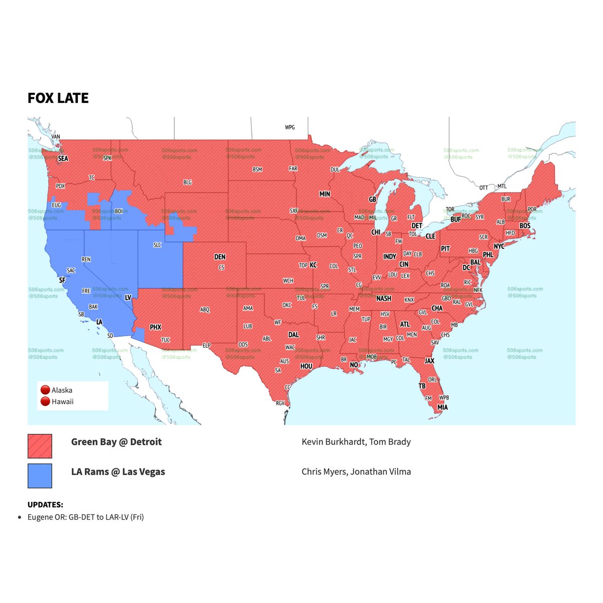 Packerville's tweet photo. The broadcast info for Sunday’s Packers-Lions game. Note: the TV map for the game has changed slightly. It is also a 3:25 p.m. start in Detroit.
.
TV map courtesy of 506 Sports.
.
#GreenBay #Packers #GoPackGo #GBvsDET https://t.co/nqwtud8Kl9