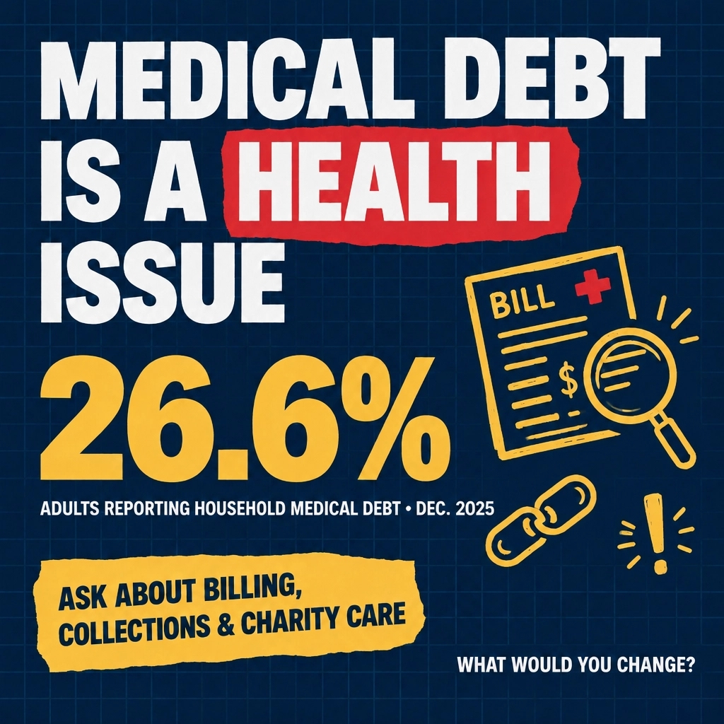 RyanForRecovery's tweet photo. Medical debt: health &amp; ballot issue. 26.6% had debt (Urban, Dec. 2025); 1 in 4 bills hit credit files; 64% came from hospitals (Commonwealth Fund). Nonprofit hospitals' charity-care policies vary. What would you change? https://t.co/exyZZZ4Uv8