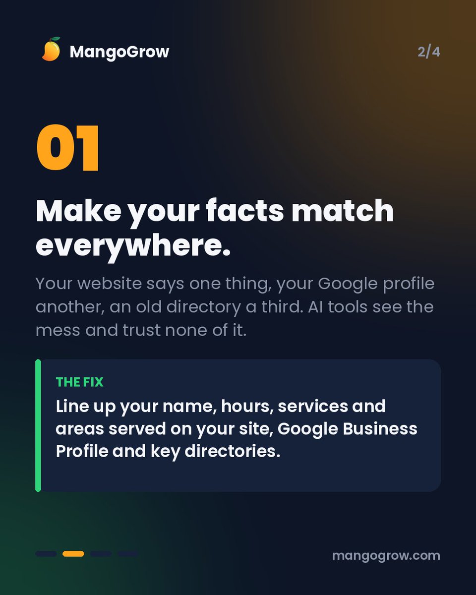 Mangoogrow's tweet photo. Ask ChatGPT about your business. It gets it wrong.

Old hours, missing services, the wrong area. When AI can't find clear facts about you, it guesses or picks a competitor.

2 fixes we start with 👇

Free growth audit: https://t.co/Rg3UgpOWnk https://t.co/y7VwKck8mN