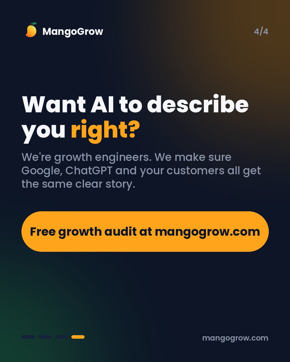 Mangoogrow's tweet photo. Ask ChatGPT about your business. It gets it wrong.

Old hours, missing services, the wrong area. When AI can't find clear facts about you, it guesses or picks a competitor.

2 fixes we start with 👇

Free growth audit: https://t.co/Rg3UgpOWnk https://t.co/y7VwKck8mN