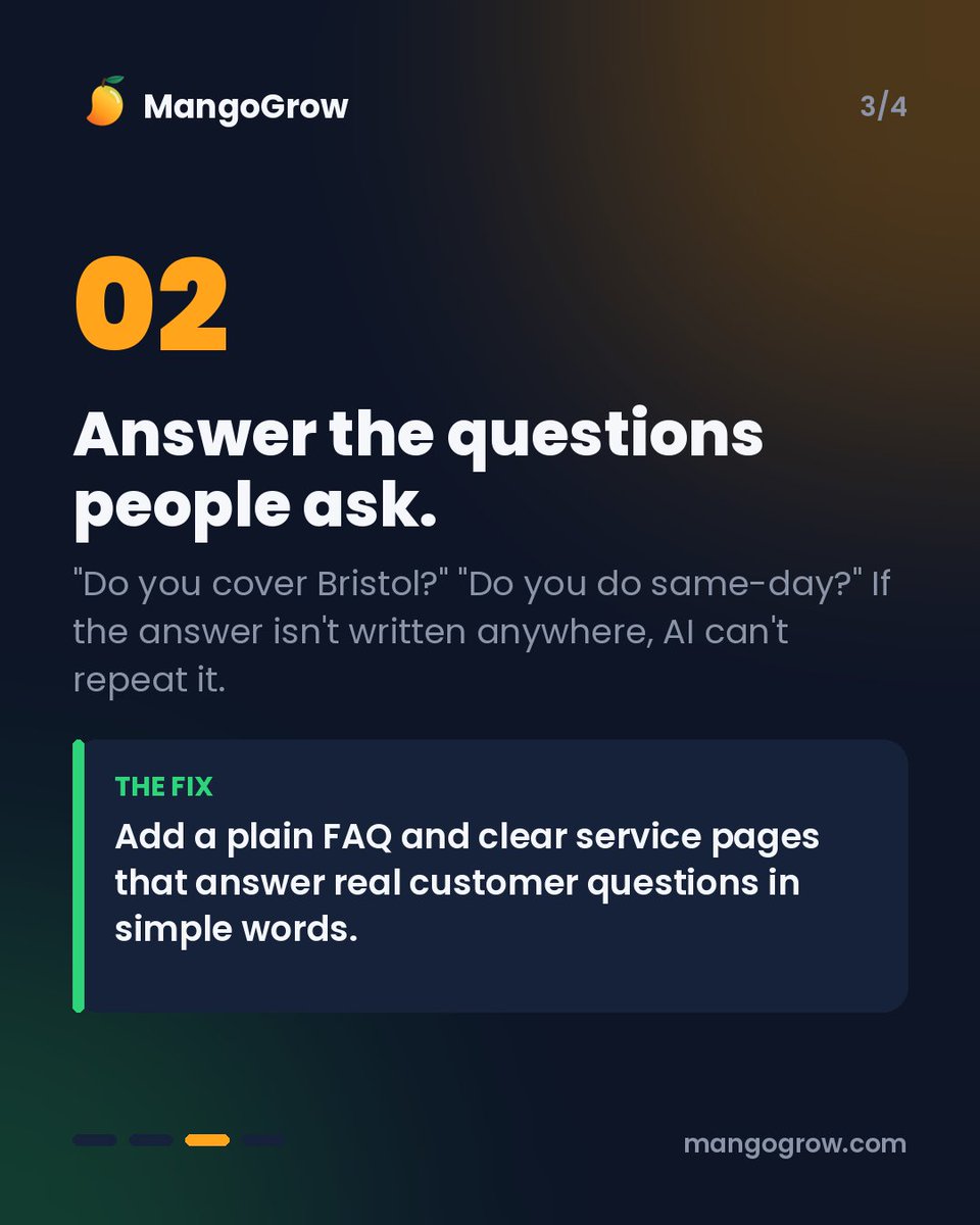 Mangoogrow's tweet photo. Ask ChatGPT about your business. It gets it wrong.

Old hours, missing services, the wrong area. When AI can't find clear facts about you, it guesses or picks a competitor.

2 fixes we start with 👇

Free growth audit: https://t.co/Rg3UgpOWnk https://t.co/y7VwKck8mN