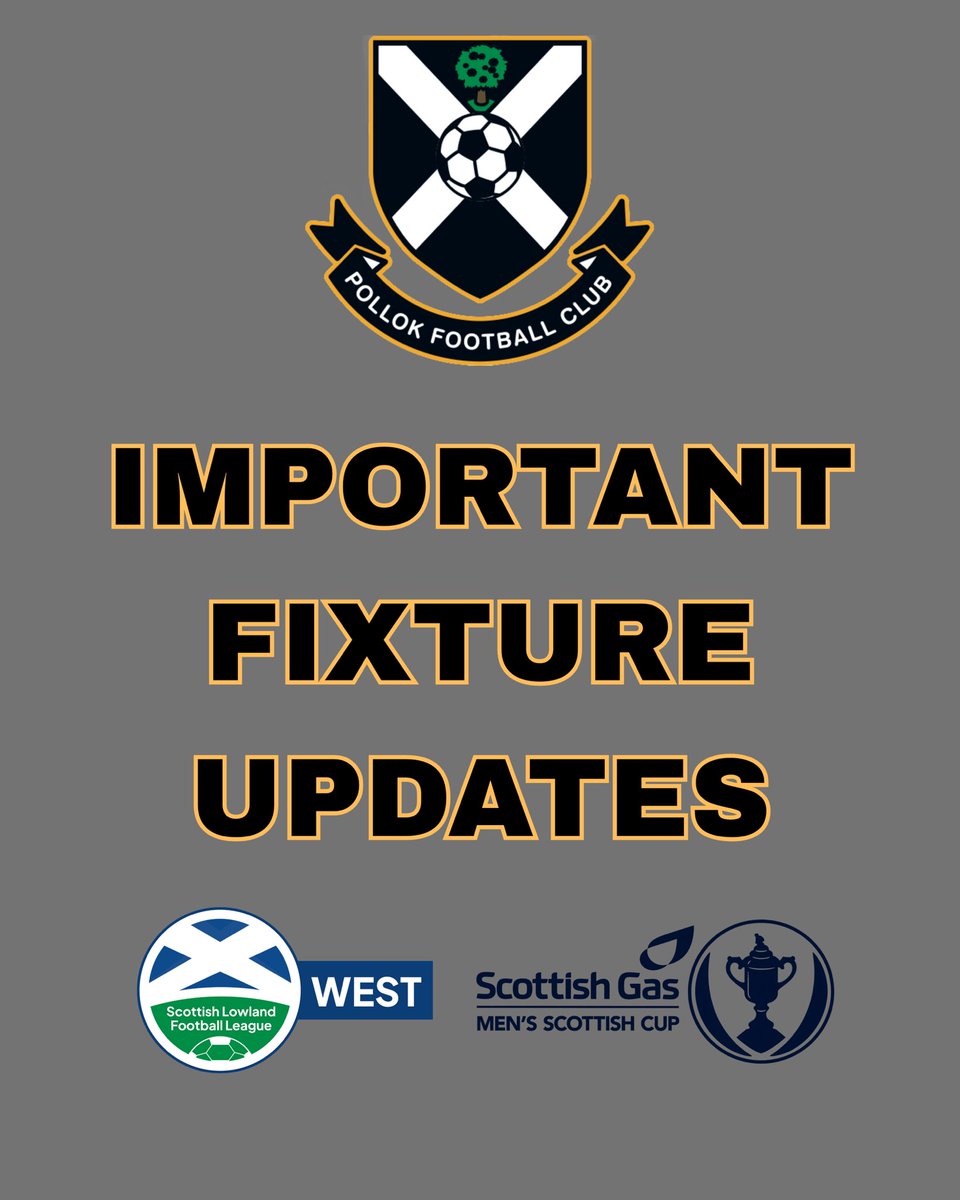 pollokfc's tweet photo. | IMPORTANT FIXTURE NEWS! 🚨

Today’s postponed @ScottishCup fixture 🆚 @ThreaveRoversFC will now take place next Saturday 31/10.

This means our home game 🆚 @CelticFCB will be rearranged. Tickets bought will be valid for new date. Hospitality bookings will be contacted. https://t.co/CkCwkCkz86