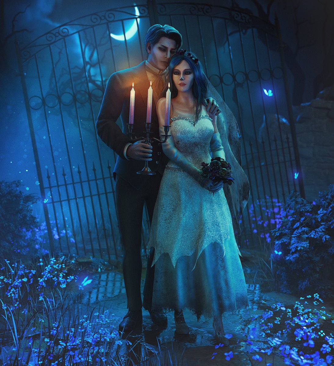 LePapillonPo's tweet photo. Another rework of an old piece.  🎃
New->Old
Corpse Bride💀
The characters are in makeup, but I didn’t want them to become unrecognizable.
#KateDenson #JakePark https://t.co/Df1zAL3dgF